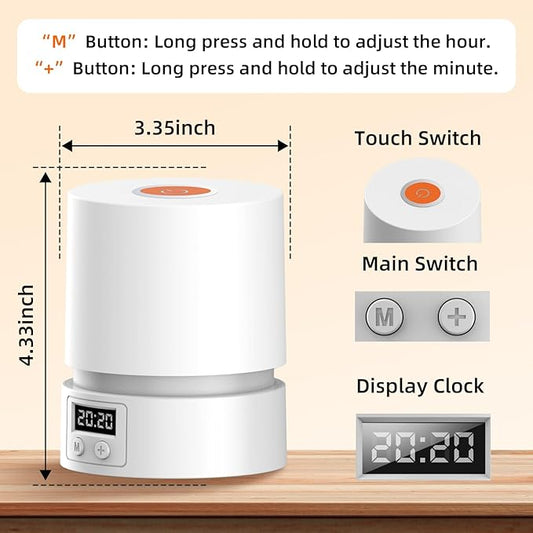 Nursery Night Light with Clock for Kids, Touch Lamp Bedside Desk Lamp, Portable Breastfeeding Night Lamp for Baby, 3 Color Stepless Dimming Up for Restaurant,Bedroom,Rechargeable (White)