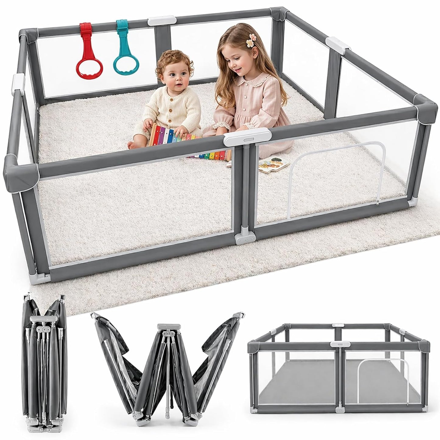 Foldable Baby Playpen with Mat - Portable,Spacious & Sturdy Playpen for Babies and Toddlers,Quick 1-Minute Setup,Travel-Friendly, Collapsible Play Pen for Indoor and Outdoor Use (Grey, 50x50 inches)