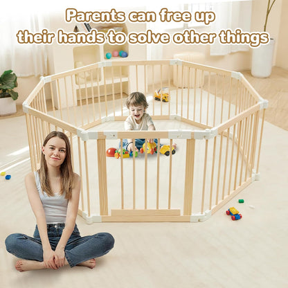 Baby Playpen, Foldable Wooden Play Yard with Gate, Playpen for Babies and Toddlers, Adjustable Baby Activity Center with Child Proof Lock, Fence Play Area for Toddlers 6 to 36 months(56*83*24inch)