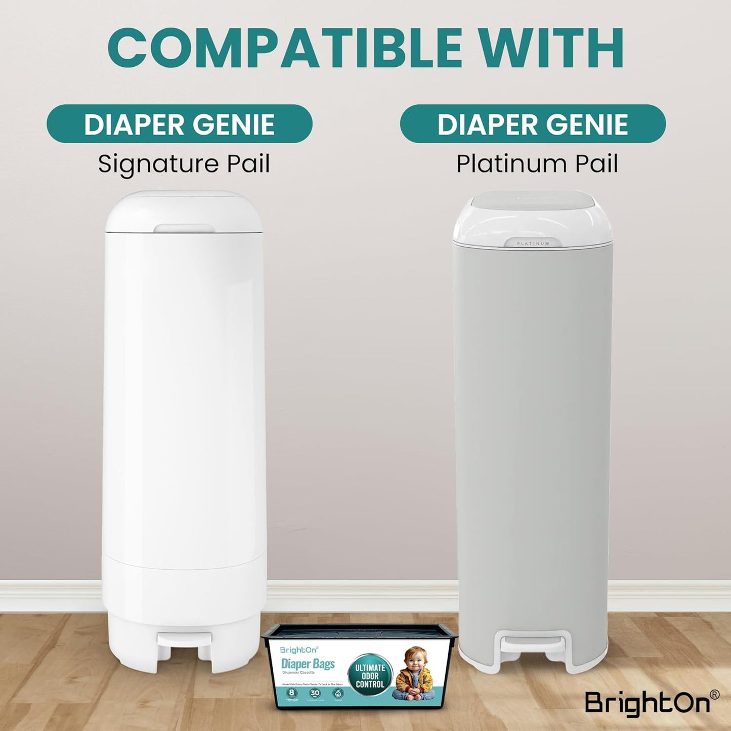 BrightOn® Diaper Pail Refill Bags, 30 Bags Per Refill, Compatible with Genie Easy Roll Signature Diaper Pails, Holds Up to 2820 Newborn Diapers, Real 7 Layer Odor Barrier, Unscented, 2PACK (60 Bags)