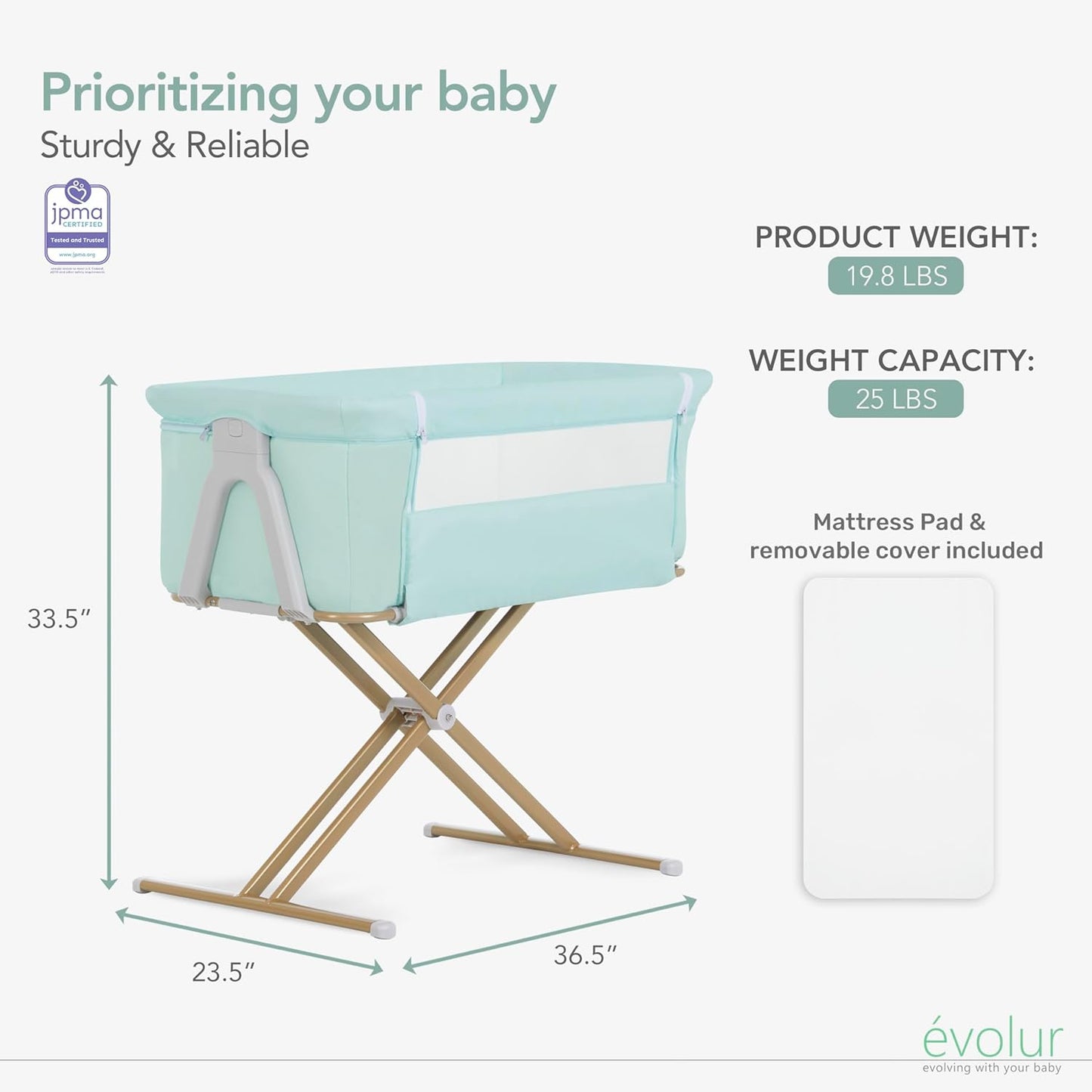 Evolur Orabelle Baby Bassinet & Bedside Sleeper, Breathable Mesh Sides, Plush Mattress Pad with Removable Cover, Tool-Free Assembly, Quick Foldable Steel Frame Compact Design with Travel Bag – Black