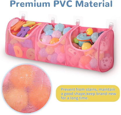 Bath Toy Storage, Large Capacity Bath Toy Holder, Opening 3 Compartments Bathtub Toy Storage, Quick Dry Bath Toy Organizer, Mesh Shower Caddy for Easy Access & Sorting Toys - Pink