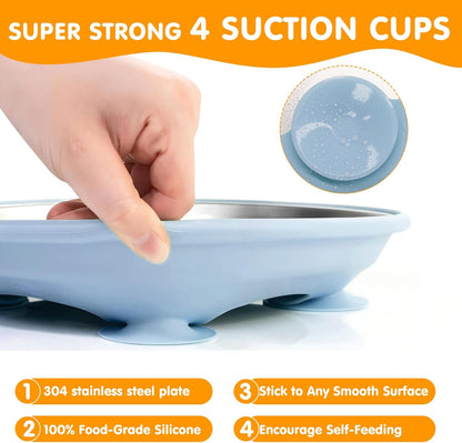 Stainless Steel Toddler Plates with Suction, 4 Pack Kids Baby Plates Set with Sturdy Silicone Suction Base Easy to Clean 9 inch