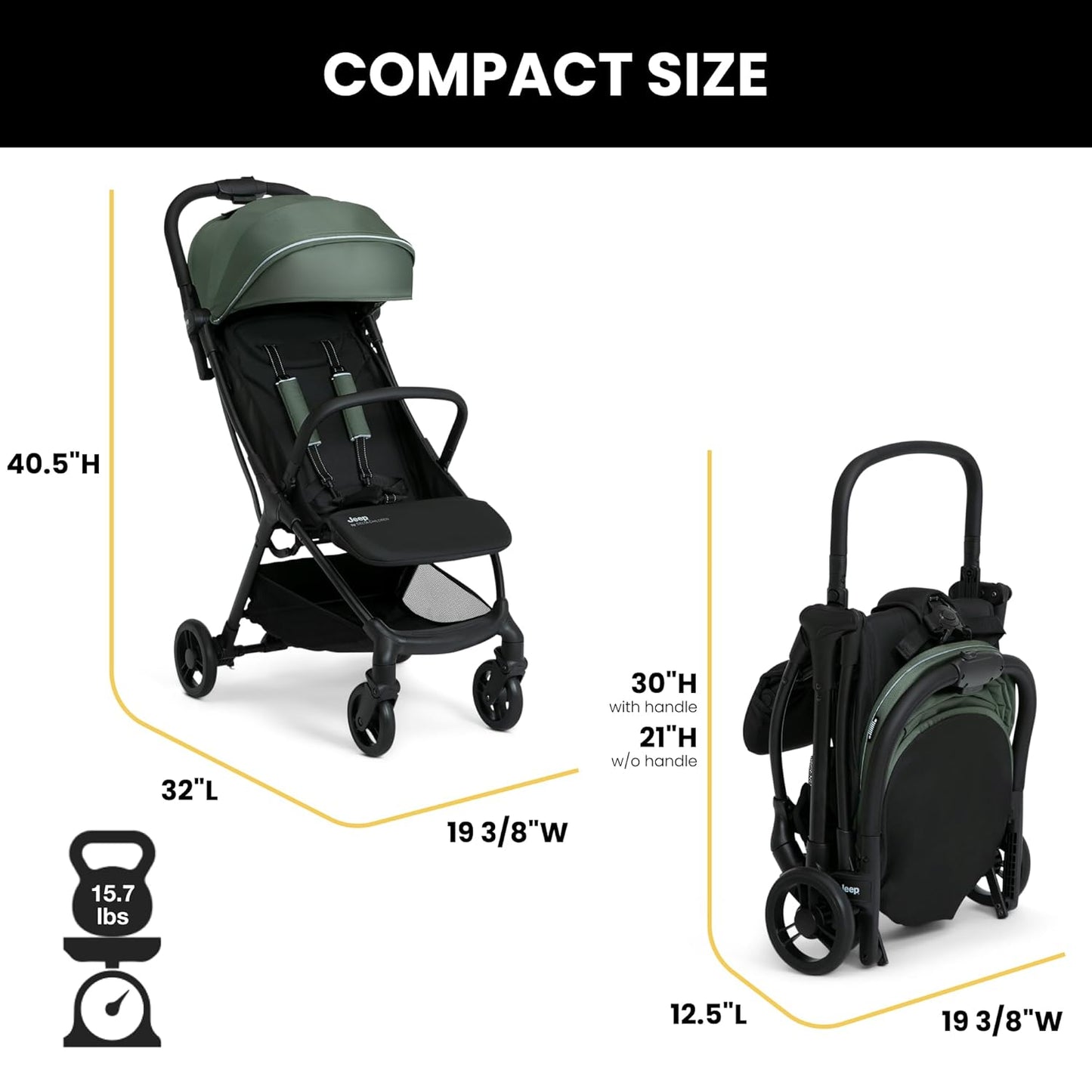 Jeep Altitude Compact Travel Stroller by Delta Children Greenguard Gold, Easy One Hand Fold, Lightweight, Extendable Canopy with Peek-a-Boo Window, Reclining Seat, 4 Wheel Suspension, Olive Green