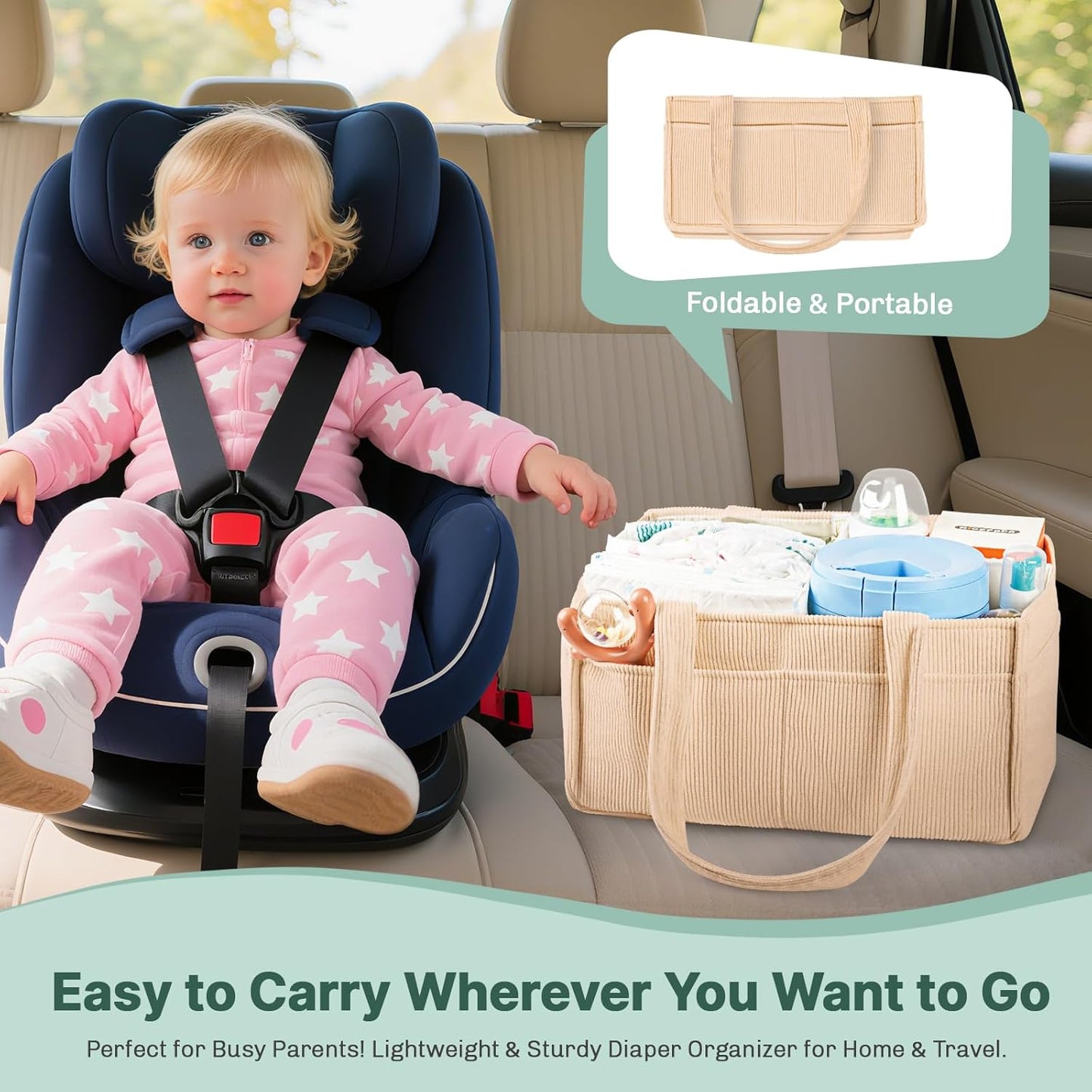 Baby Diaper Caddy Organizer - Portable Nursery Storage Basket for Newborn Essentials, Foldable Diaper Bag Organizer for Baby Shower Gifts and Registry Must-Haves, Car Organizer with Dividers (Blue)