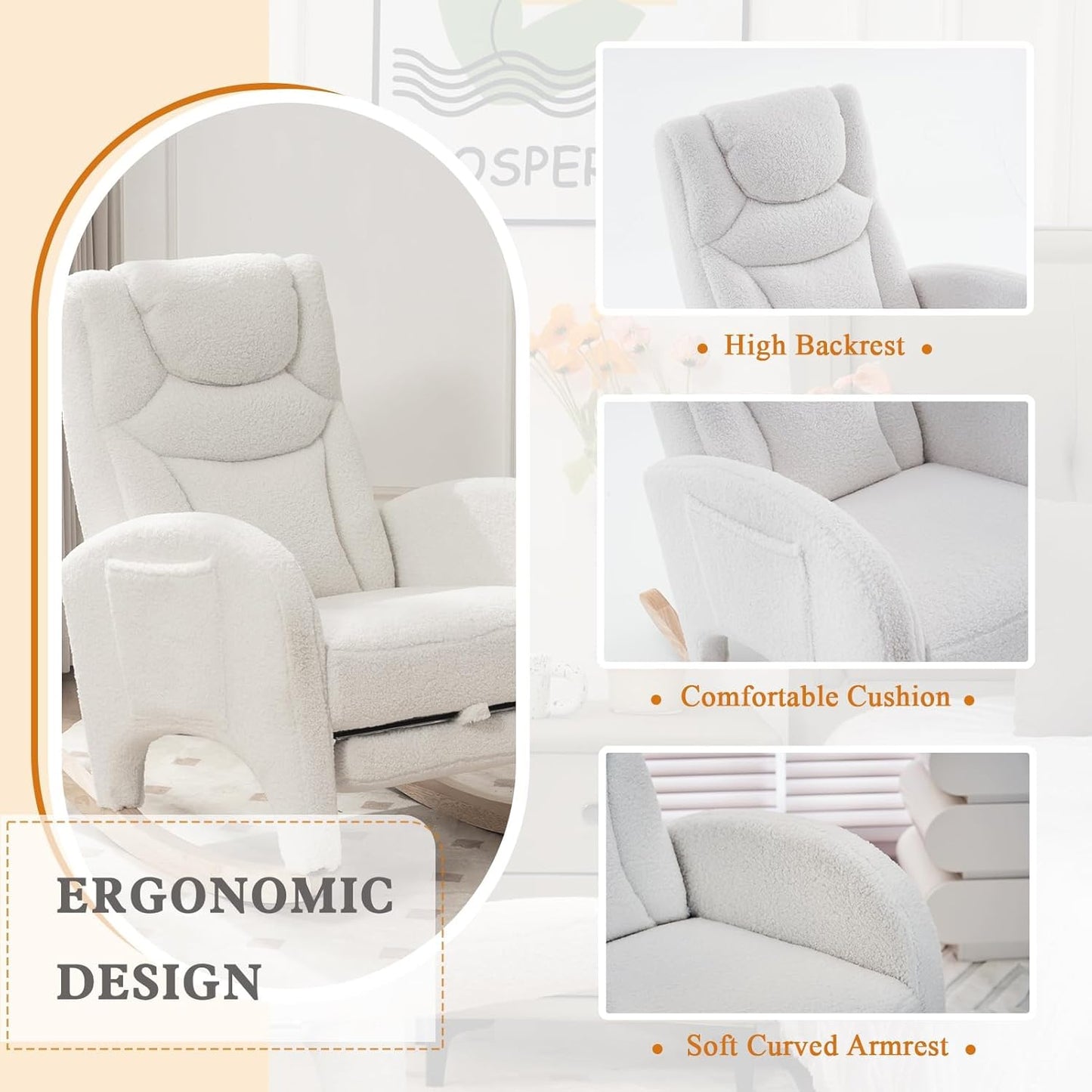 Rocking Chair Nursery with Foot Rest,Upholstered Teddy Glider Rocker with Wood Legs, Nursing Rocking Chair for Living Room/Nursery,Pink