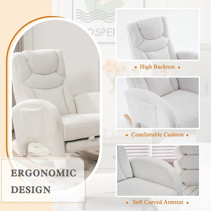 Rocking Chair Nursery with Foot Rest,Upholstered Teddy Glider Rocker with Wood Legs, Nursing Rocking Chair for Living Room/Nursery,Pink