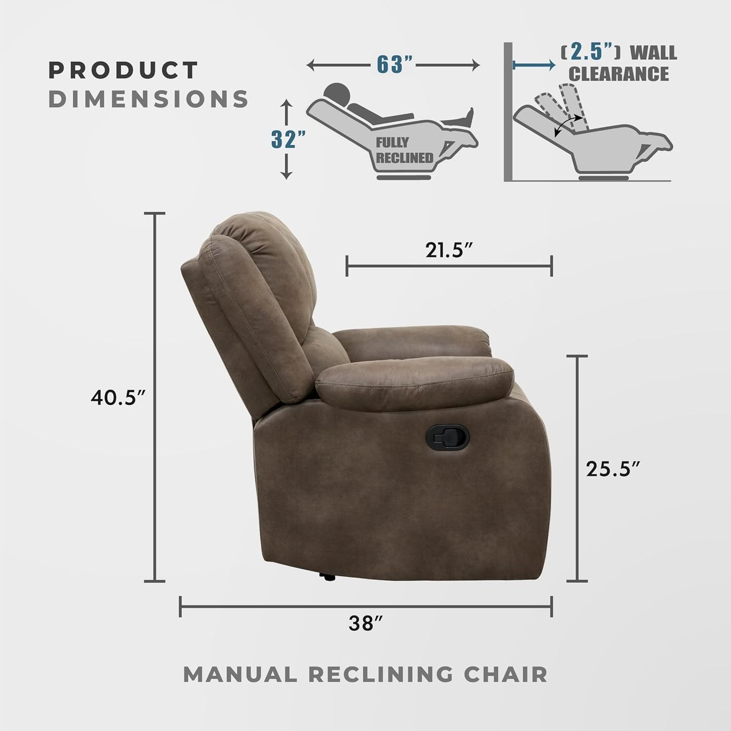 Lexicon Manual Glider Recliner Sofa Chair, Home Theater Seating, Wall Hugger Manual Reclining Nursery Chair for Bedroom/Living Room/Office/Apartment, Grey Chenille