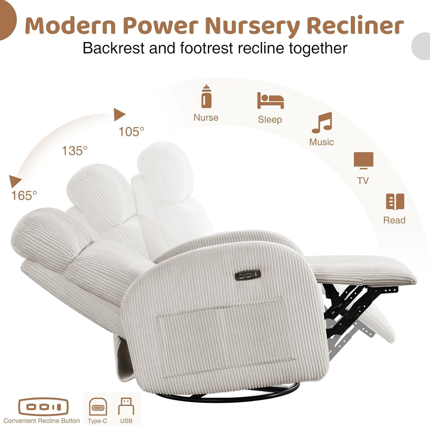 Swivel Rocker Recliner Chair, Rocking Recliner for Nursery with Side Pockets, Manual Swivel Reclining Nursery Glider Chair for Breastfeeding Living Room, Camel Chenille