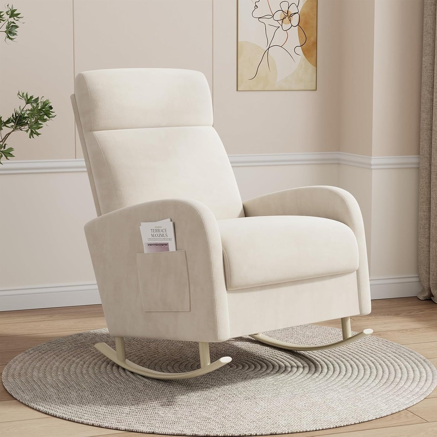 HIPIHOM Rocking Chair Nursery, Upholstered Glider Chair with Side Pocket, Modern Nursery Chair with High Backrest and Rubber Metail Legs, Accent Armchair for Living Room Bedroom Indoor (Beige Velvet)