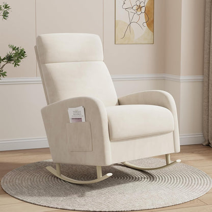 HIPIHOM Rocking Chair Nursery, Upholstered Glider Chair with Side Pocket, Modern Nursery Chair with High Backrest and Rubber Metail Legs, Accent Armchair for Living Room Bedroom Indoor (Beige Velvet)