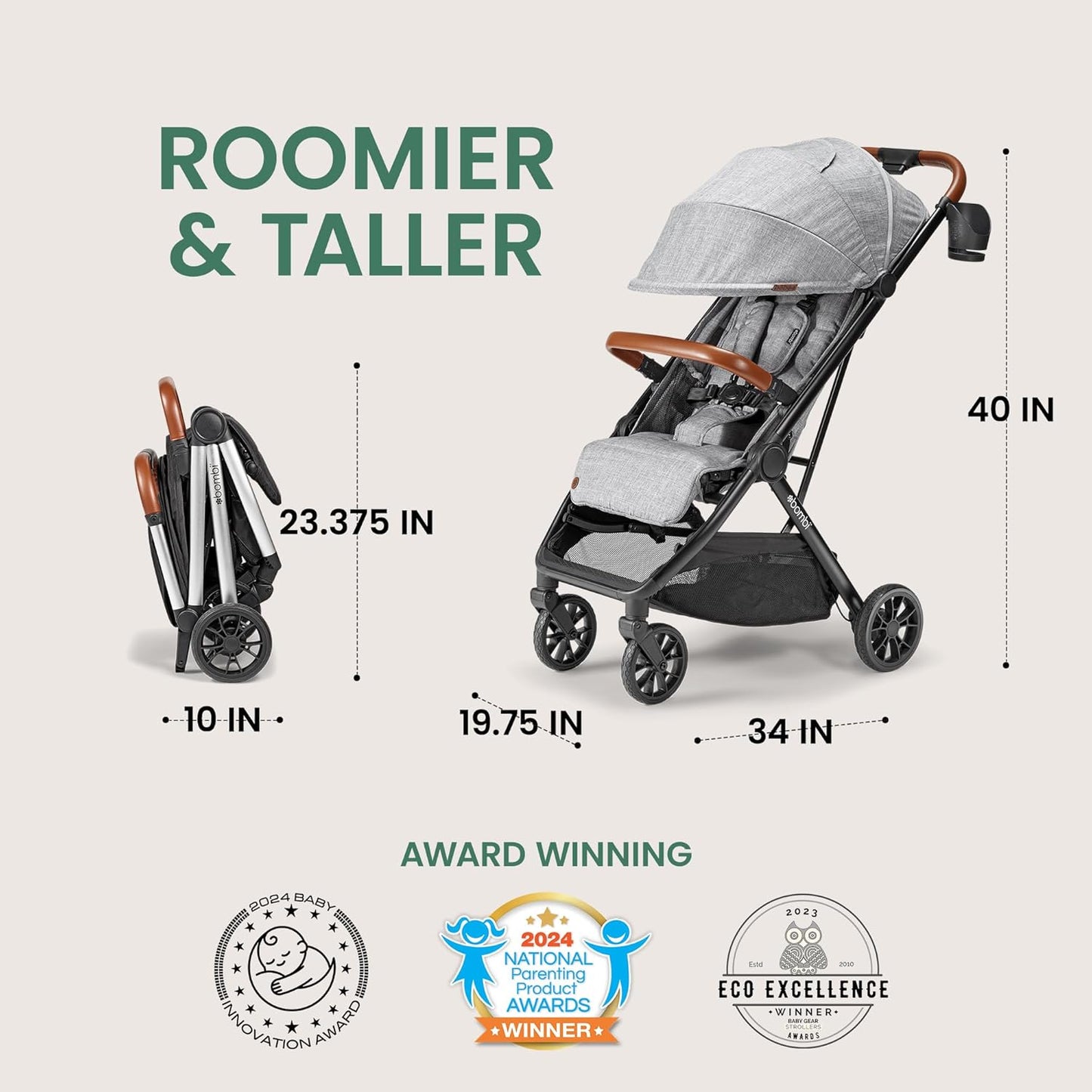 Bombi Bēbee V2 Lightweight Baby Stroller - Premium Vegan Leather, One-Hand Fold, Infinite Recline, Aircraft-Grade Aluminum Frame, XXL Canopy, and Ample Storage Umbrella Stroller - Sand