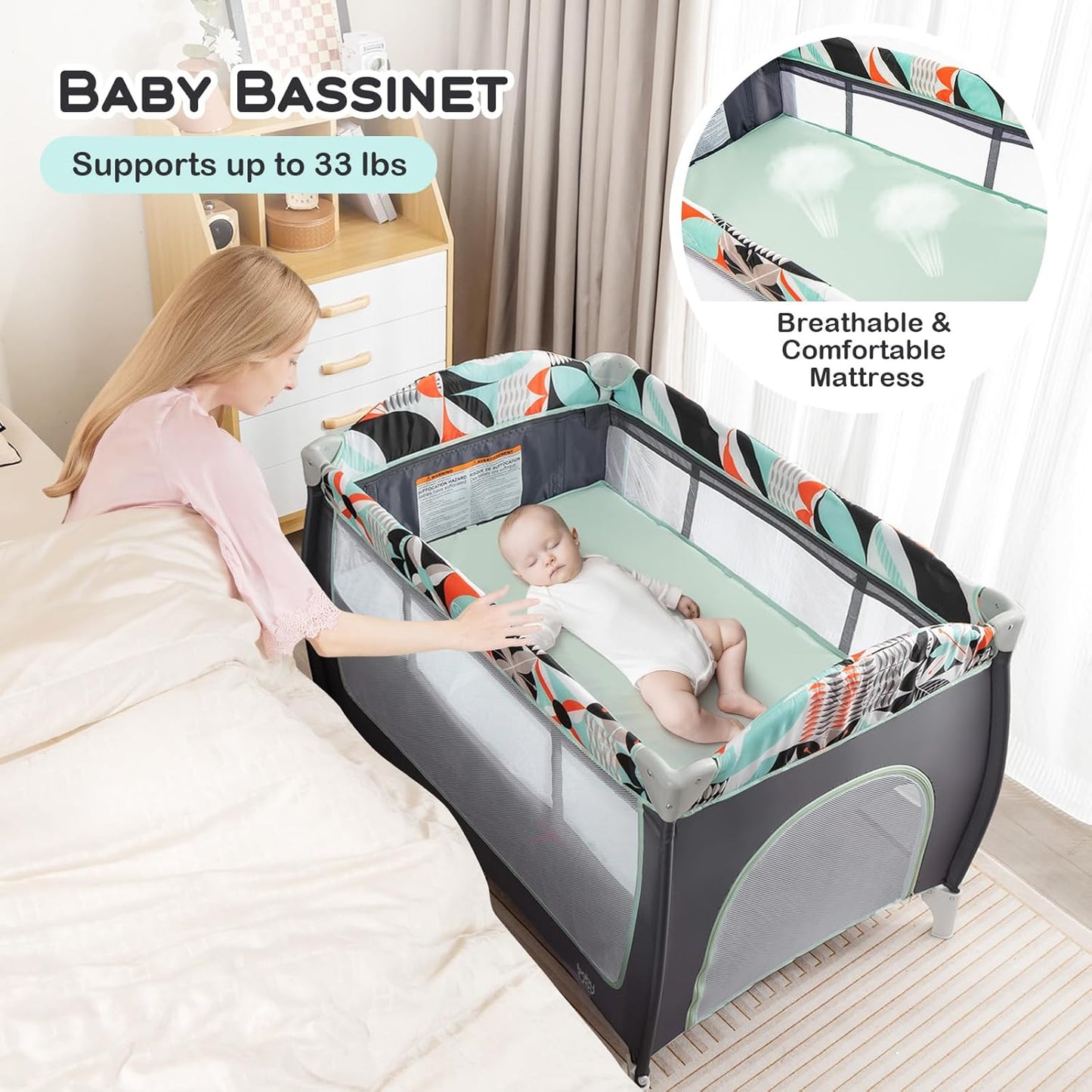 BABY JOY 4 in 1 Pack and Play, Portable Baby Playard with Bassinet, Side Zipper Door, Changing Table, Indoor Outdoor Travel Nursery Center w/Hanging Bar, Lockable Wheels, Carry Bag