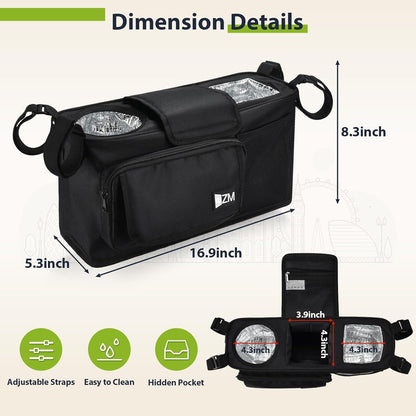 ZZM Parent Console Stroller Wagon Organizer Compatible with WONDERFOLD W2&W4&X, Jeep Deluxe Wrangler, EVER ADVANCED Wagon, Wagon Stroller Accessories with 2 Large Insulated Cup Holder(Empty Bag)