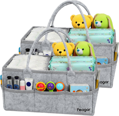 Feagar Baby Diaper Caddy Organizer, 15 Inch Large 2 Pack Set with 8 Pockets & 2 Dividers, Portable Nursery Storage Basket & Car Organizer for Changing Table, Travel (Pink)