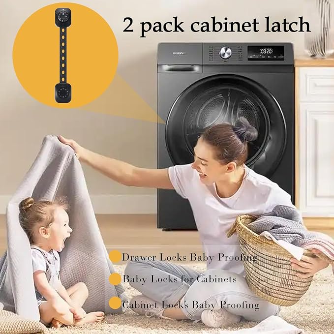 Cabinet Locks Baby Proofing, Child Safety Drawer Locks -Adjustable Child Safety Strap Locks Adhesive Baby Door Latch for Fridge Toilet Oven No Drill Furniture Kitchen Lock Black 2Pack