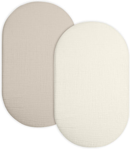 Muslin Bedside Bassinet Sheets 2 Pack, 33x20 Fitted Ultra Soft & Breathable Bedside Sleeper Sheets, Ideal for Baby Girl and Boy, Perfect for Newborns (Hopping Bunnies & Beige)