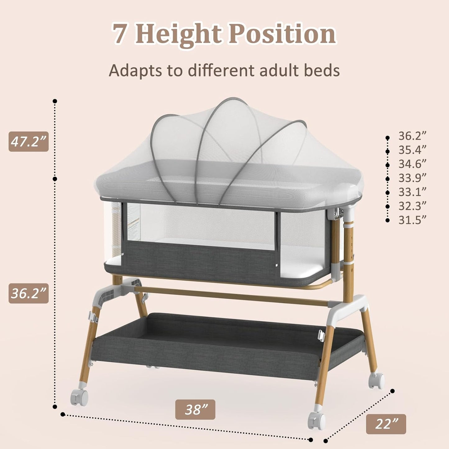 3 in 1 Baby Bassinet, Bedside Sleeper for Newborn, 7-Level Height Adjustable, Rocking Design with Breathable Mesh, Lockable Wheels & Large Storage Space, Portable Baby Crib（Dark Gray）
