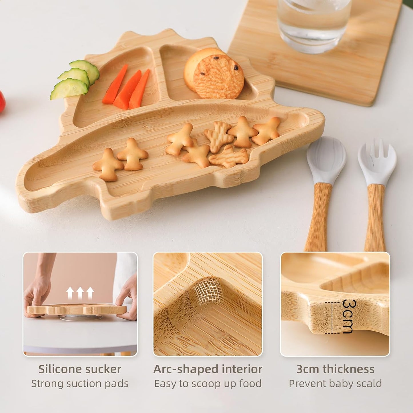HBM Bamboo Baby Plate Set with Suction - Dinosaur Divided Toddler Dishes with Matching Fork & Spoon | Natural Wood Stay-Put Feeding Set for Infants & Kids (Marble Texture Not Stains)