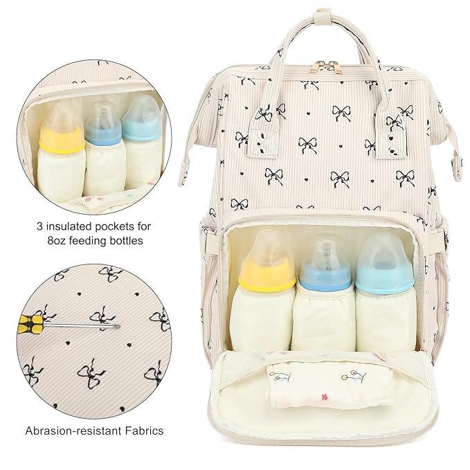Baby Diaper Bag Backpack for Mom, Large Capacity Travel Nappy Bag for Boys & Girls with Stroller Straps (Corduroy Bow Tie)