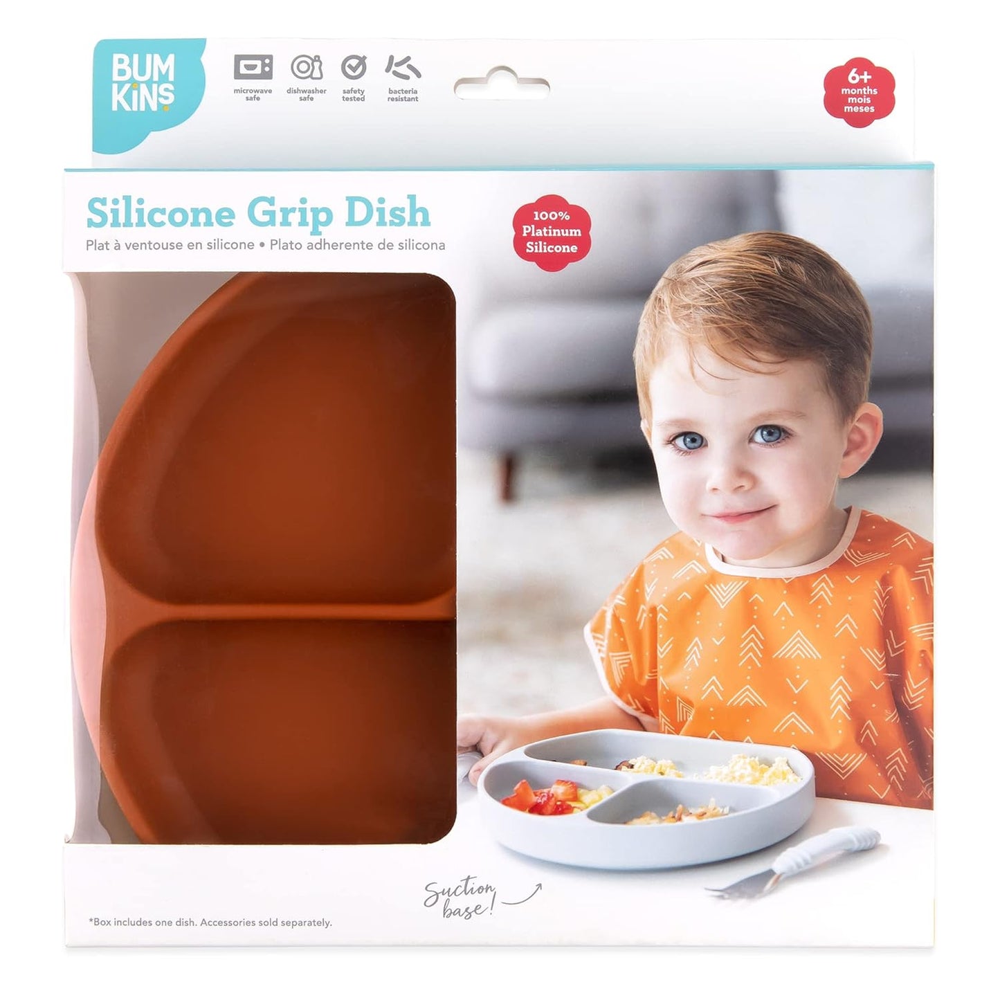 Bumkins Toddler and Baby Suction Plate, Divided Grip Dish for Babies and Kids, Baby Led Weaning, Feeding Supplies, Sticks to Tables and Highchairs, Platinum Silicone, for Chidren 6 Months, Gray