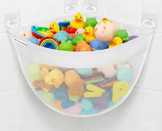 Bath Toy Storage Organizer for Bathtub – Large Mesh Bath Toy Holder & Bath Toy Net, Corner Bathtub Toy Storage Bag with 6 Strong Adhesive Hooks, Quick-Dry Bathroom Toy Holder for Tub & Kids Shower
