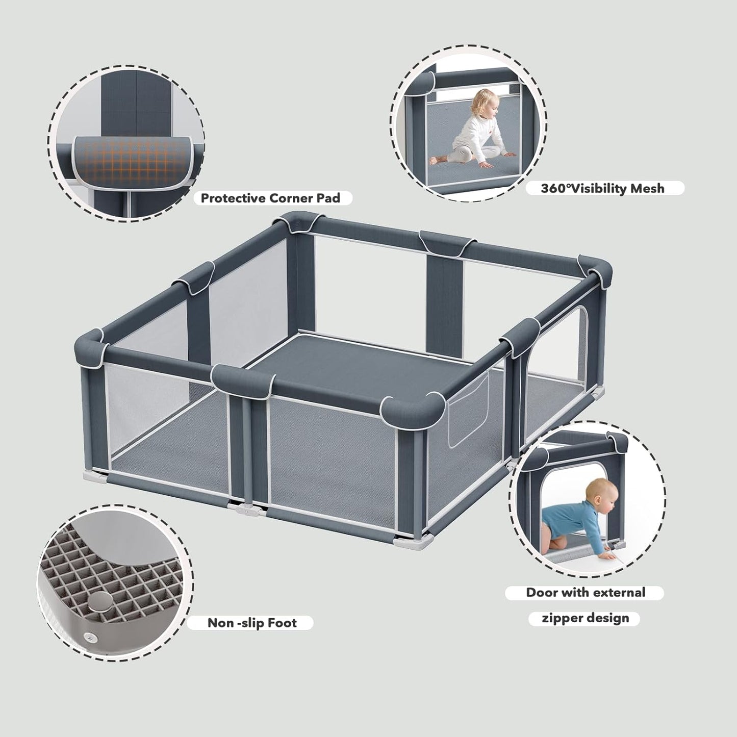 G TALECO GEAR Foldable Playpen for Babies and Toddlers, 71"x79" Portable Play Yard with Mat, Kids Collapsible Play Pen with Sturdy Metal Frame & Mesh Walls, Indoor & Outdoor Baby Fence Play Area