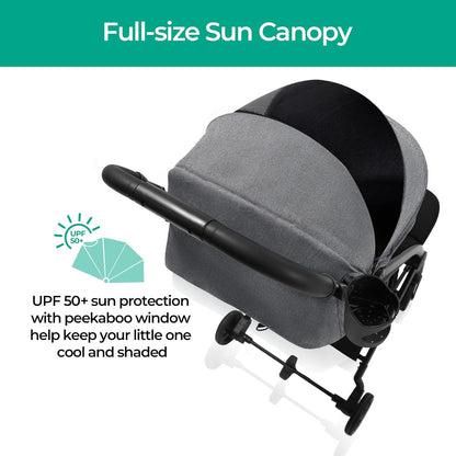 Mompush Lithe, Lightweight Stroller, Compact One-Hand Fold Luggage-Style Travel Stroller for Airplane Friendly, Reclining Seat and XL Canopy, with Rain Cover & Travel Carry Bag & Cup Holder