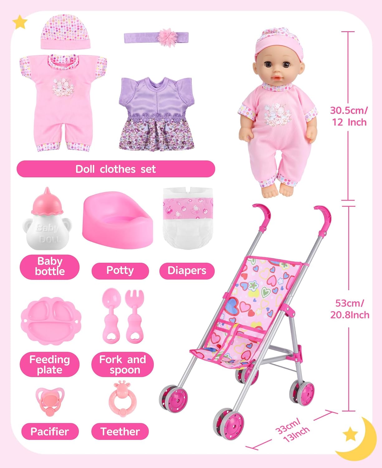 GAGAKU Baby Doll Stroller for Toddlers, Foldable Toy Stroller with Storage Basket and Bag, Diapers - Reborn Doll Accessories for Girls & Kids Ages 3+, Pink