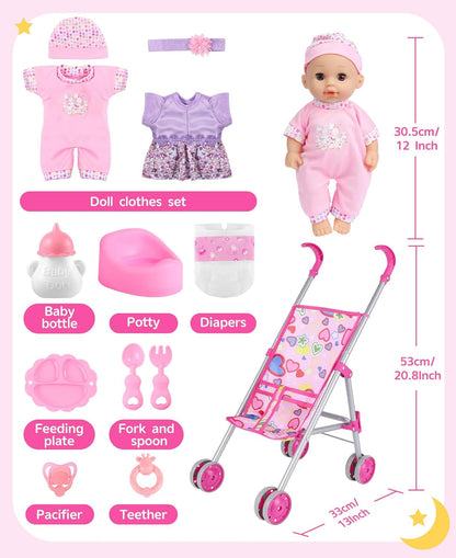 GAGAKU Baby Doll Stroller for Toddlers, Foldable Toy Stroller with Storage Basket and Bag, Diapers - Reborn Doll Accessories for Girls & Kids Ages 3+, Pink
