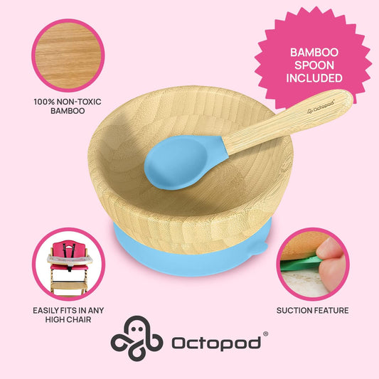 Abiie Octopod Bamboo Baby Bowl Set for 4 Months and Up – Mess-Free High Chair Suction Bowl with Spoon for Toddlers and Kids - Ergonomic Baby Feeding Essentials - 5.7" x 3" x 5.7" - Pink