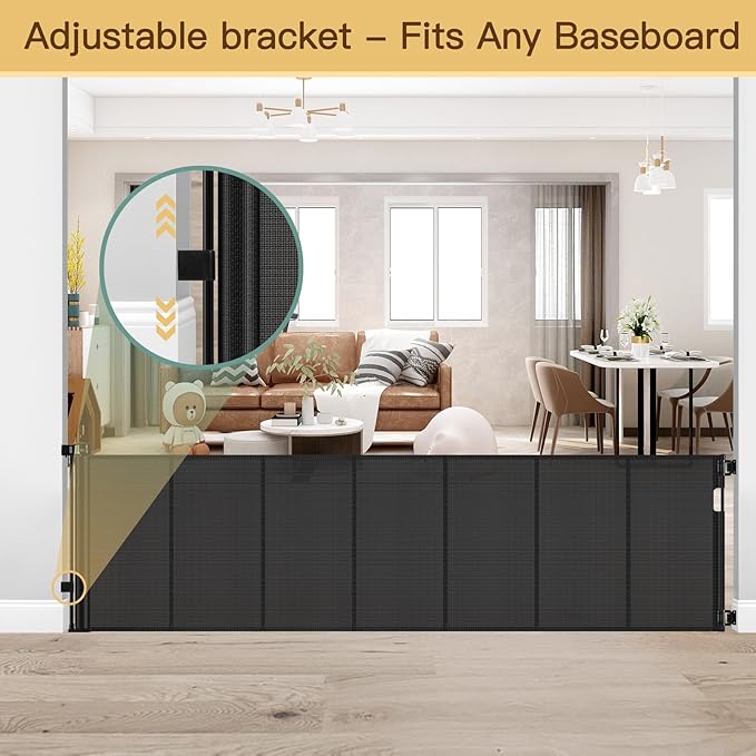 Reinforced 159 Inch Extra Wide Baby Gate for Large Opening with Support Rod, Indoor/Outdoor Retractable Baby Gates Extra Wide, Prevent Babies and Dogs from Crawling Through Retractable Dog Gate, Black
