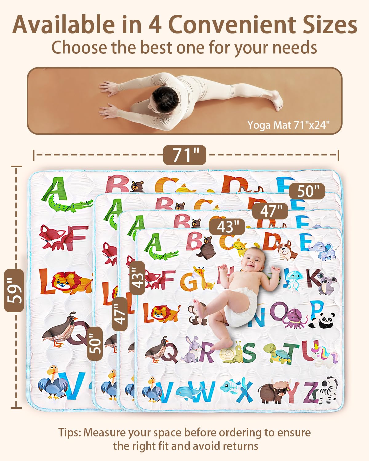 Baby Play Mat, 50x50 Playpen Mat with Super Soft Touch, Activity Mats with Upgraded Anti-Slip Bottom, Machine Washable Crawling Mats for Floor & Picnic (Animal Alphabets)