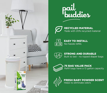 Pail Buddies Diaper Bags, 75 Count, Fresh Powder Scent, Compatible with Ubbi Diaper Pail, Made with Recycled Material, 13 Gallon Capacity, Strong and Durable