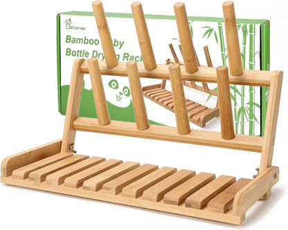 GiftAmaz Bamboo Baby Bottle Drying Rack, Space Saving Countertop Bottle Holder Portable Dryer Rack Organizer for Baby Bottles, Cups, Pacifiers and Accessories, Birthday Box for Women Mother Mom