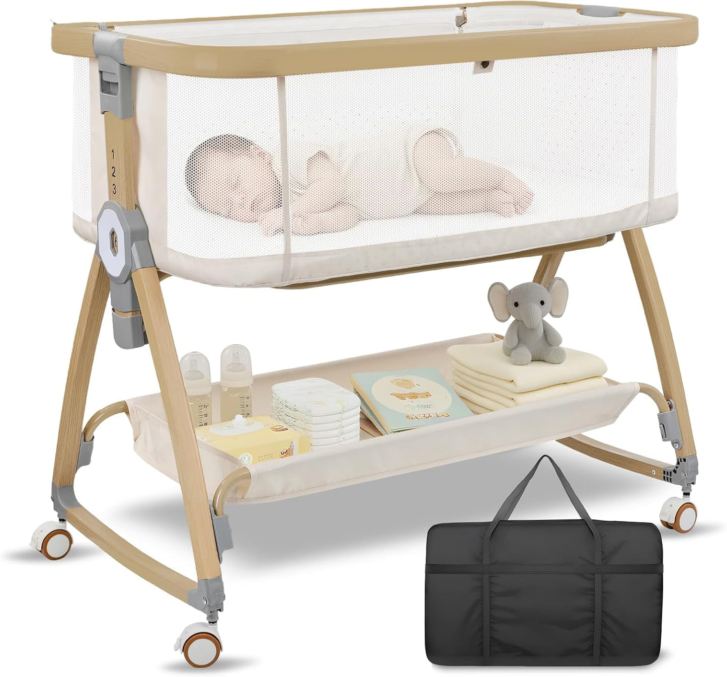 Bassinet Bedside Sleeper,Bedside Bassinet,Rocking Bassinet,3 in 1 Portable Bedside Crib with Mattress,Mobile,Mosquito Net,Storage Basket,6-Height Adjustable Baby Bassinet with Wheels for Newborn,Beige