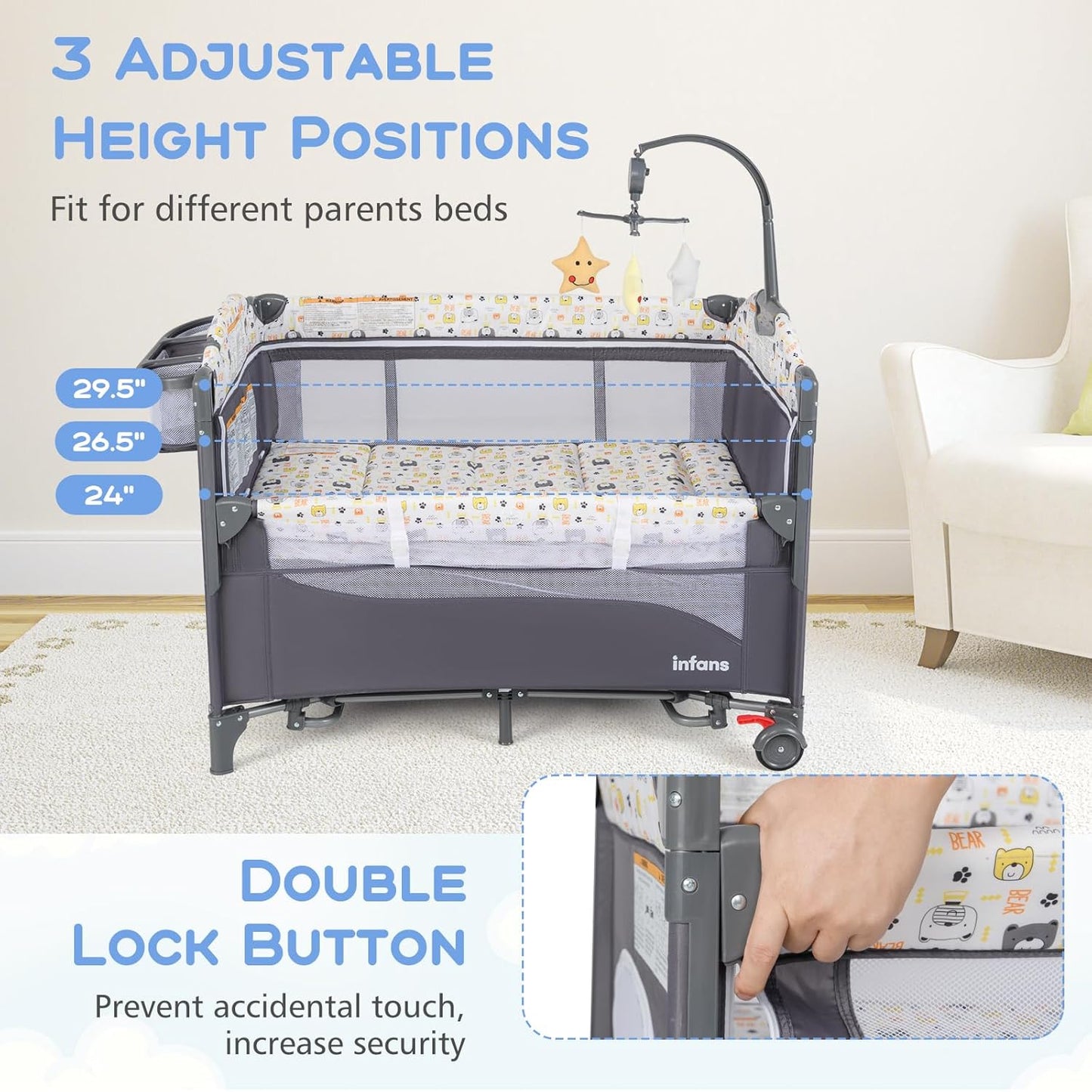 INFANS Pack and Play, 5 in 1 Baby Bedside Sleeper with Bassinet, Diaper Changer, Mattress, Carry Bag, Music Box Hanging Toys, Foldable Bedside Crib, Portable Playard for Newborn Toddlers (Gray)
