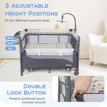 INFANS Pack and Play, 5 in 1 Baby Bedside Sleeper with Bassinet, Diaper Changer, Mattress, Carry Bag, Music Box Hanging Toys, Foldable Bedside Crib, Portable Playard for Newborn Toddlers (Gray)