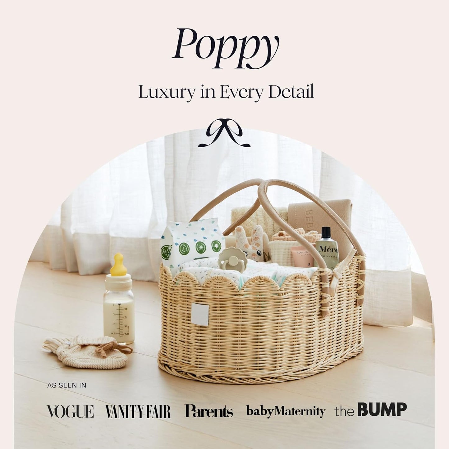 BEBE BASK Premium Baby Diaper Caddy Organizer - Handmade & Award-Winning Scalloped Rattan Basket - Luxury Diaper Caddy Basket - Elegant Scalloped Edge (Natural)