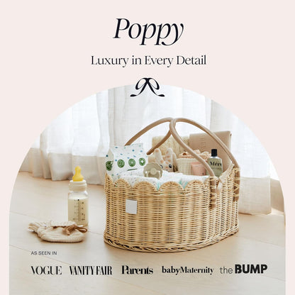 BEBE BASK Premium Baby Diaper Caddy Organizer - Handmade & Award-Winning Scalloped Rattan Basket - Luxury Diaper Caddy Basket - Elegant Scalloped Edge (Natural)
