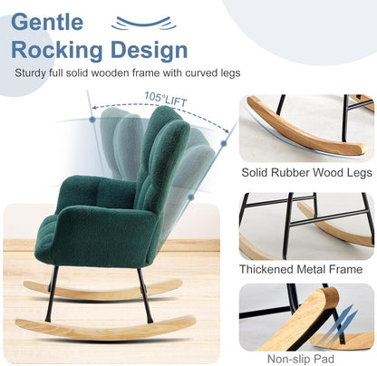 DUMOS Nursery Rocking Chair Teddy Upholstered, Comfy Glider Rocker with High Backrest Armchair Padded Seat, Accent Side Chair for Living Room Bedroom Offices Small Spaces Indoor, Beige