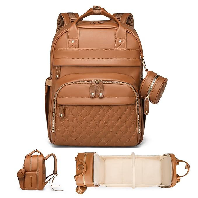 ANWTOTU Leather Baby Diaper Bags with Changing Station,Extra large Capacity Baby Diaper Bag Backpack,Waterproof Baby Essentials(Brown)