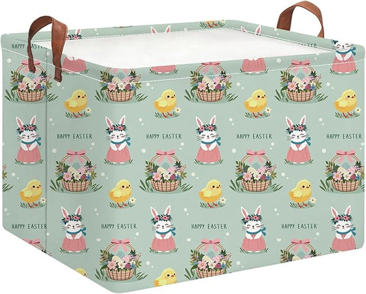 Rectangle Green Easter Basket Empty,Easter Gift Bakset for Egg Hunting,Books Bin with Handles,Room Decor(Pale Green Easter Basket)