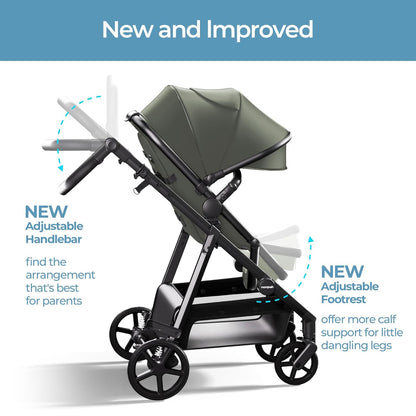 Mompush Baby Stroller, Convertible 2-in-1 with Bassinet Option, Infant Car Seat Compatible, Includes Adapter - Sturdy Full-Size Infant Stroller for Family Adventures