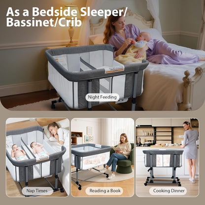 Twin Bassinet for 2 Babies, Double Bassinet for Twins, Baby Bassinet with Wheels, Full-Mesh Sides, 5-Height Adjustable, Portable and Stable Baby Crib for Newborns (Basic Grey)