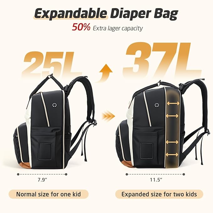 Diaper Bag Backpack - Extra Large Diaper Backpack for 2 Kids Twin, Travel Baby Bags for Mom Dad 25-37L Expandable with Changing Pad, Quilted Beige Black