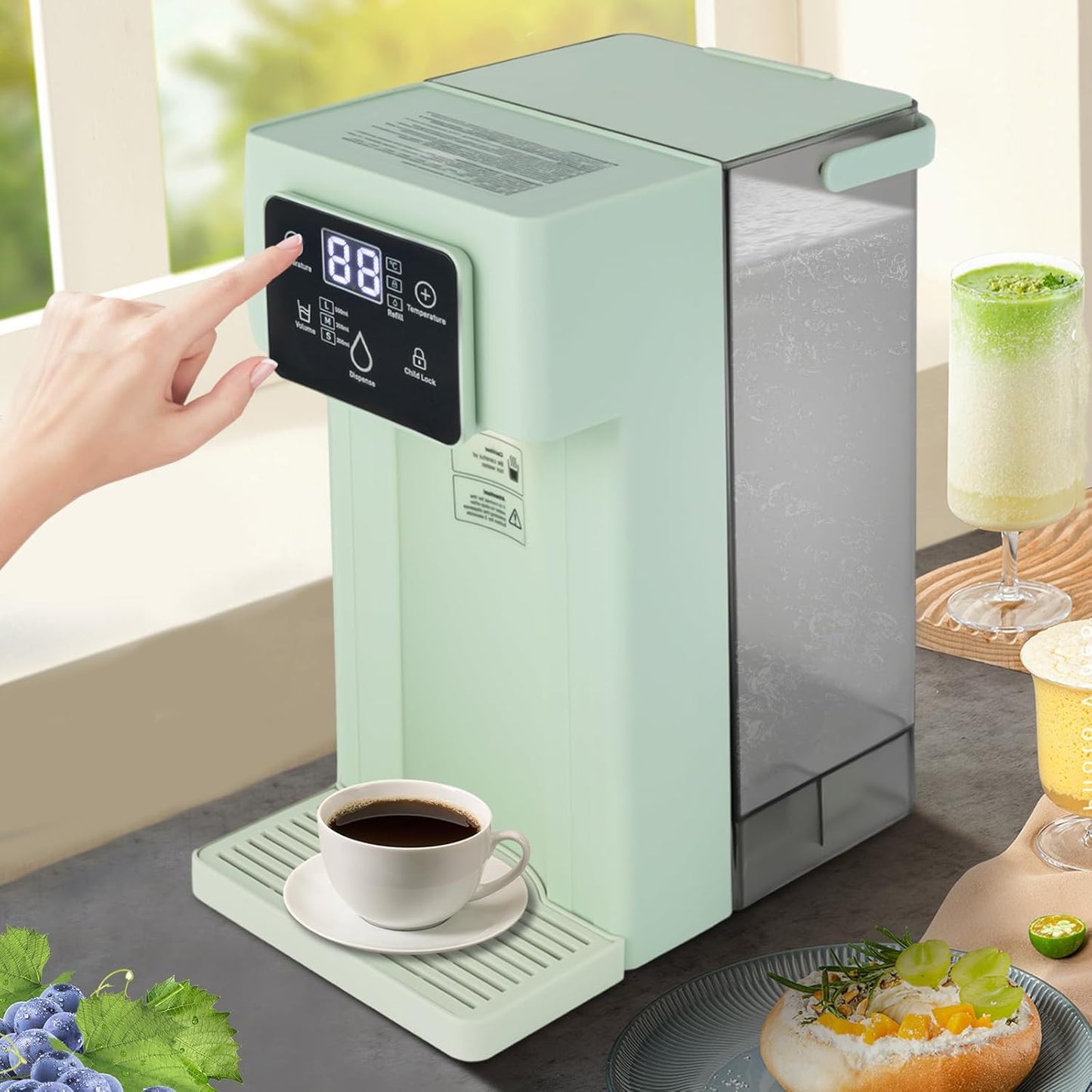 Instant Water Dispenser, 1500 Watt Fast Heating Countertop Water Dispenser, Adjustable Temperature (90°F-212°F), 3 Liter/0.79 Gallon Tank, Child Lock, For Home, Office (White and Green) (Green)