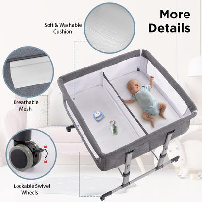 Ihoming Twin Bedside Bassinet for Baby Grey Co Sleeper Crib Attaches to Bed Double Bassinet Sleeper for Twins Infant Newborn Adjustable Safe Sleeping Solution