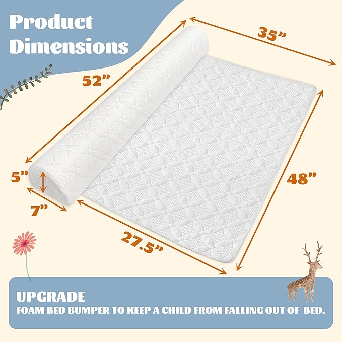 Asatdd Waterproof Bed Rail for Toddlers, Bed Guard Rail, Soft Memory Foam Toddler Bed Bumper for Twin, Full, Queen, King Beds with Washable Cover, 1 Pack