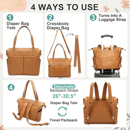 MOMINSIDE Diaper Bag Tote, Leather Diaper Bag Backpack with 14 Pockets for Mom Dad, Convertible Baby Bag for Boys Girls, Baby Registry, Changing Pad, Large 4 Insulated Pockets (Biscuit)